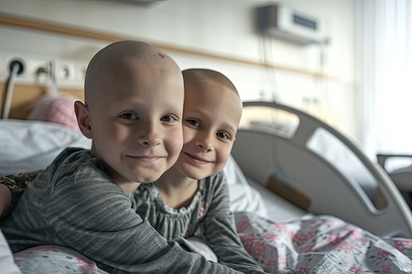 Zwei krebskranke Kinder lächeln gemeinsam in einem Krankenhausbett