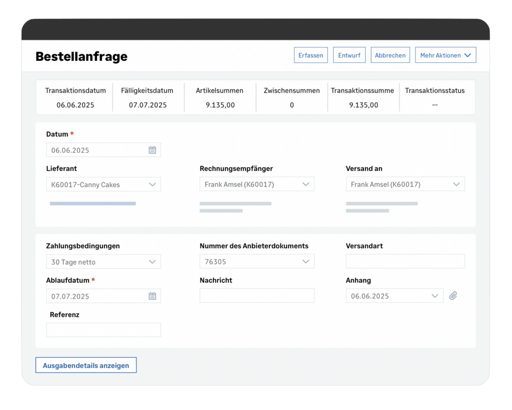 Eingabeformular für eine Bestellanfrage mit Lieferanten- und Rechnungsdaten