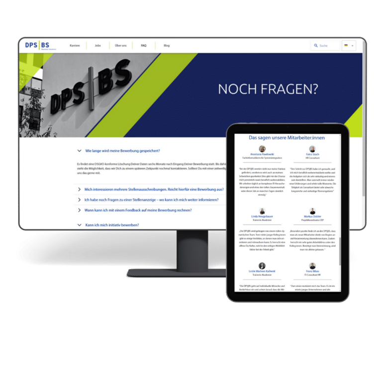 Karriereportal der DPS BS mit FAQ-Bereich und Mitarbeiterstimmen auf Desktop und Tablet