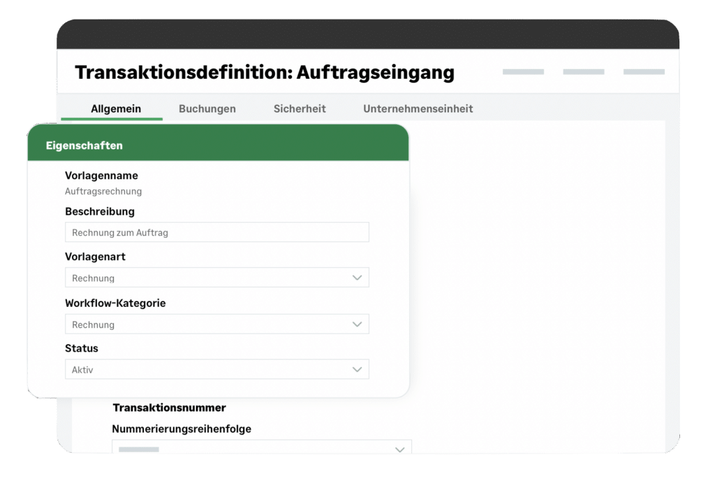 Transaktionsdefinition Auftragseingang mit Eigenschaften wie Vorlagenname und Workflow