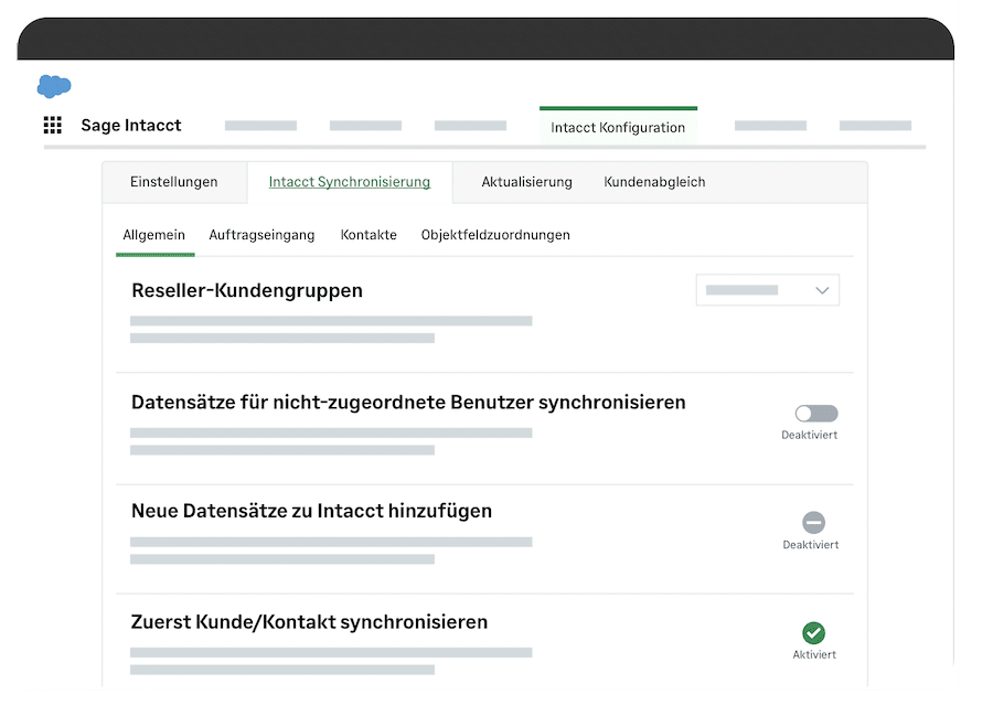 Benutzeroberfläche mit Einstellungen zur Intacct-Synchronisierung