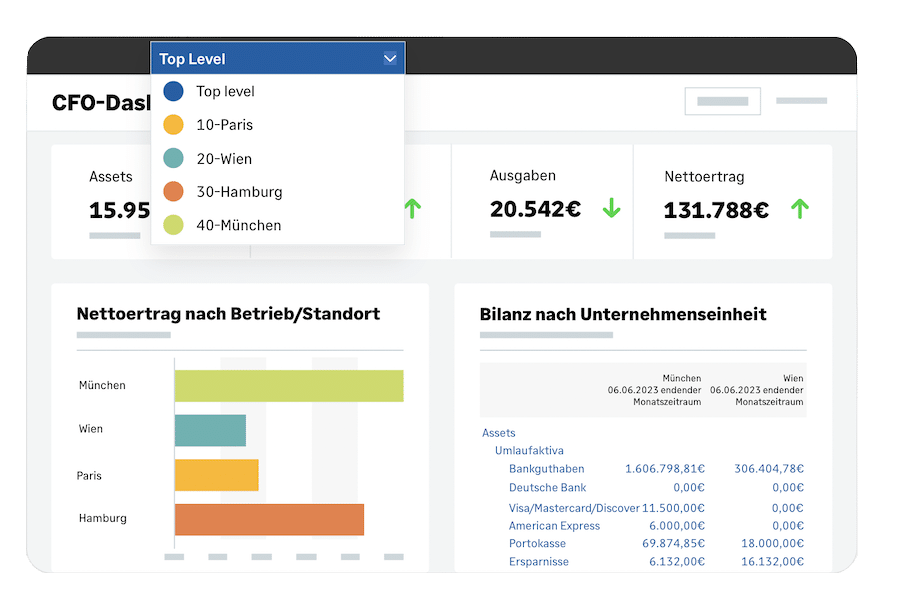 Finanzdashboard mit Auswahlmenü für Standorte und Nettoertragsdiagrammen